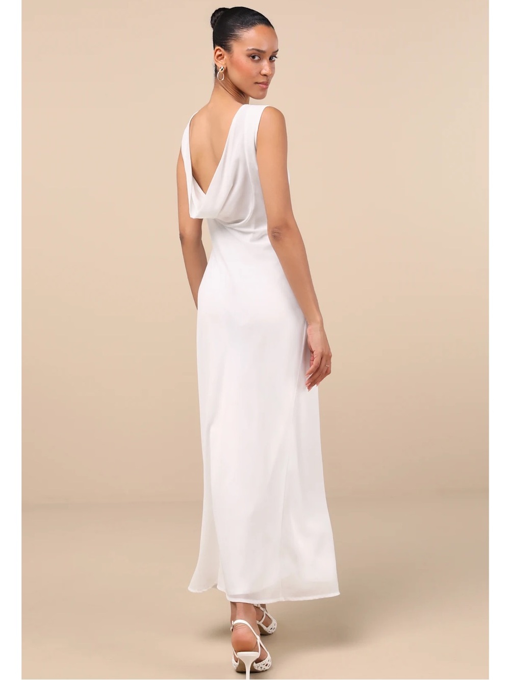 Lulus Yaneli White Boat Neck Cowl Back Sleeveless Maxi Dress Event, Bridal NWT S